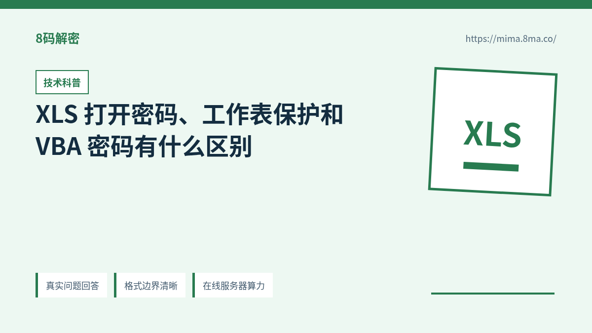 XLS 打开密码、工作表保护和 VBA 密码有什么区别的信息图